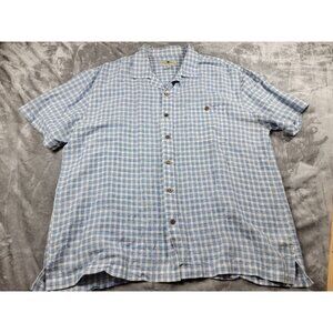 Island Shores Camp Shirt Men's 2XL Blue plaid Linen Blend Short Sleeve Button Up